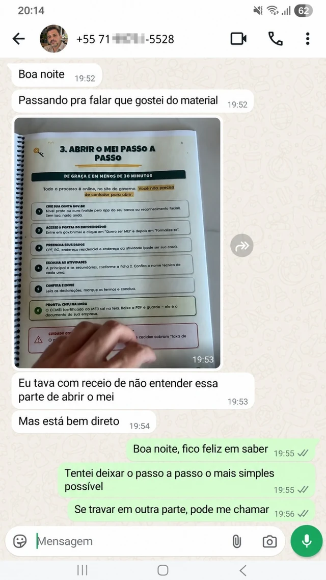 Conversa de WhatsApp com avaliação sobre a abertura do MEI