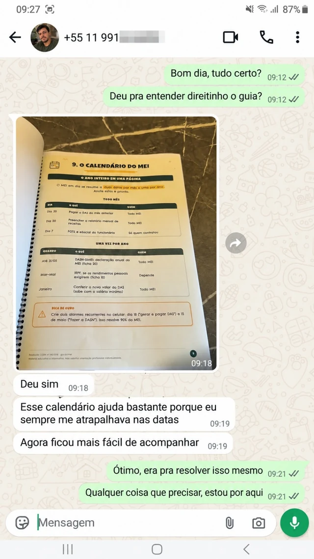 Conversa de WhatsApp com avaliação sobre o calendário do MEI