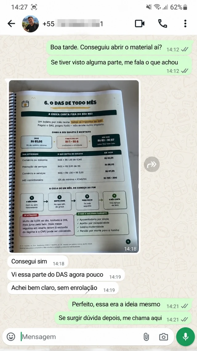 Conversa de WhatsApp com avaliação sobre o DAS mensal