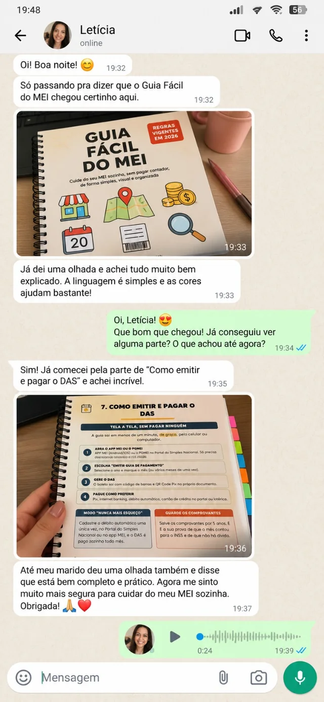 Conversa de WhatsApp com depoimento de leticia sobre o Guia Fácil do MEI