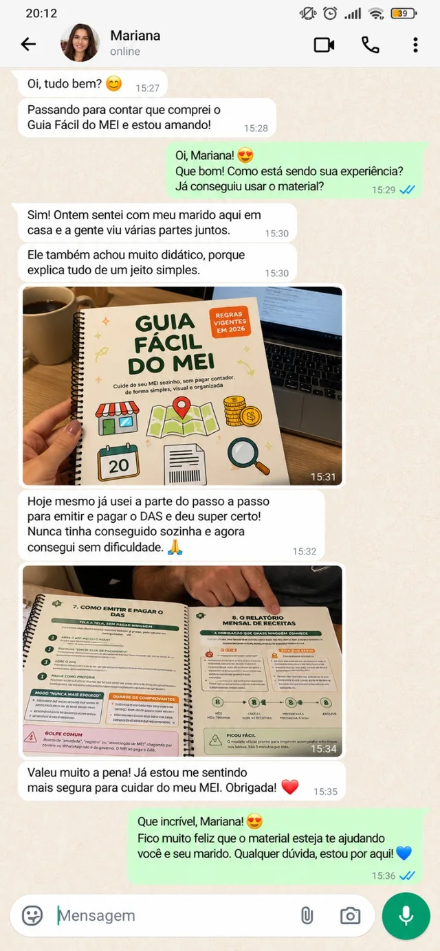 Conversa de WhatsApp com depoimento de mariana sobre o Guia Fácil do MEI