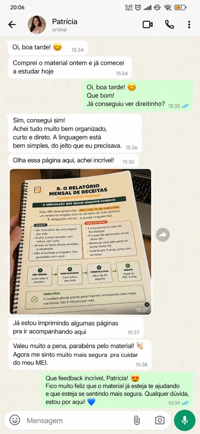 Conversa de WhatsApp com depoimento de patricia sobre o Guia Fácil do MEI