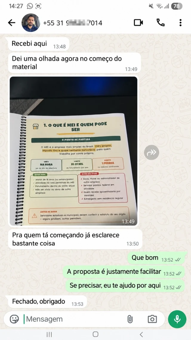 Conversa de WhatsApp com avaliação sobre os primeiros passos como MEI