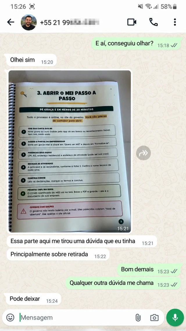 Conversa de WhatsApp com avaliação sobre a retirada de dinheiro